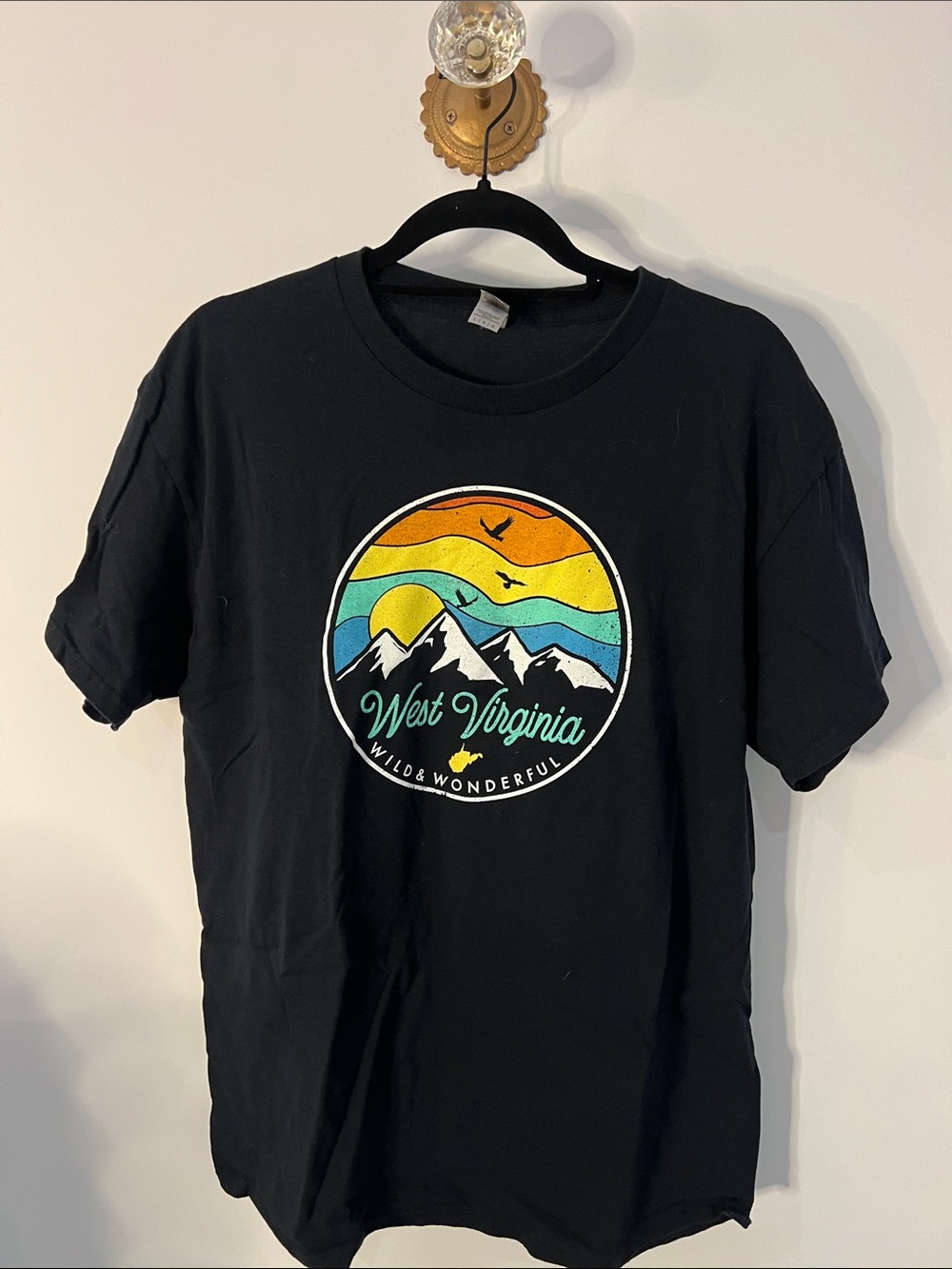 Gildan Black Tee with West Virginia Wild & Wonderful Sunset Mountain Graphic